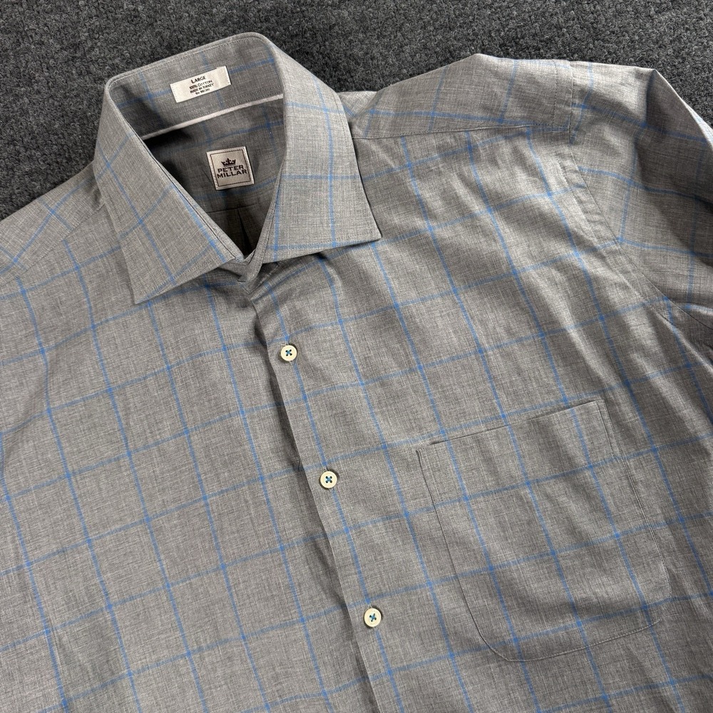 Peter Millar Shirt Mens Large Gray Check Button Up Long Sleeve